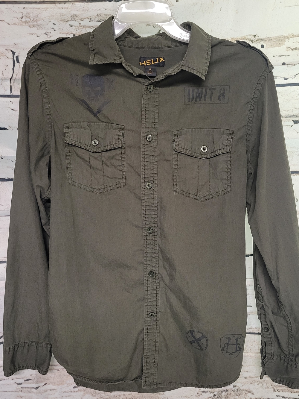 Helix Y2K Military Button Up Shirt Mens Small Green Skull Unit 8 100% Cotton